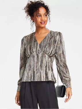 MICHAEL KORS Women's Metallic Plisse Peplum Top Womens Size Medium Gold Black